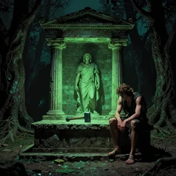 the image is a lost comic book film still 1 9 8 0 s in this image, we see the shrine of the greek god hades. he is waiting for someone, lost in thought. it is a dark and foreboding place, surrounded by shadowy trees and lit by a single, eerie green light. the shrine itself is a simple stone altar, upon which rests a blacksmith's hammer. vibrant cinematography, anamorphic lenses, crisp, detailed image in 4 k resolution.