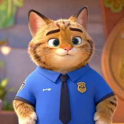 an anthropomorphic cat male in a blue shirt in the style of zootopia