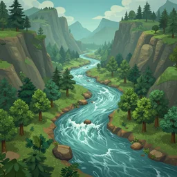 A wild river with mountains and forests surrounding it. In the style of game called inside. Detailed