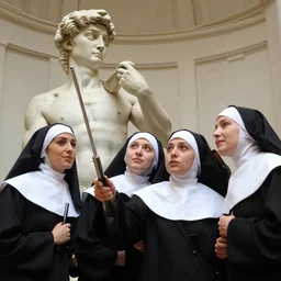 group of nuns taking a selfie with a selfiestick, statue of david