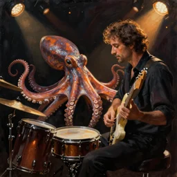 a beautiful painting by donato giancola of an octopus playing drums and telecaster guitar in an electronic concert, dark background, concert light, dark mood, warm lights
