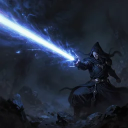 a dark mage firing a huge laser beam of dark energy, digital painting, mixed media, trending on artstation and deviantart, epic composition, highly detailed, 8 k