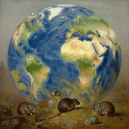 the first mammals start to appear after the long impact winters, small mammals explore the new lands of the paleogene era of earth, in the style of hudson river school of art, oil on canvas