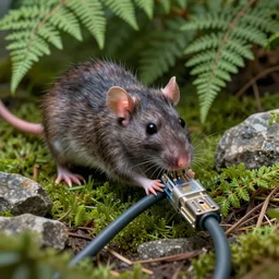 photo, alien nightmare monster - rat chewing! thick internet cable!! in the ferns, grass and rocks, highly detailed, intricate details, volumetric lighting, close up