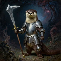 painting of an otter wearing knight armor, wielding a claymore, cosmic horror painting, elegant intricate oil painting neo - classical concept art by jacques - louis david detailed