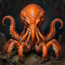 center aligned zoological portrait of orange cthulhu by gregory manchess in the style of egon sciele