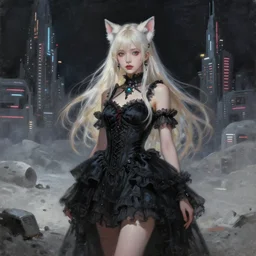 oil painting, beautiful concept art of lunar cyberpunk city showing a beautiful girl with long platinum blonde hair, two - side up and cat ears standing in a black gothic frilly dress w - 1 0 2 4