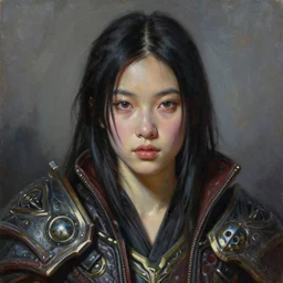 portrait oil painting, perfect expression, subconscious connects, purified consciousness, julianne hough, warcraft, fantasy character portrait, youthful asian demure, exquisite features, feminine cut, frontiers in flight leather, jedi, the fifth element artifacts, aaron horkey, gaston bussiere, nick knight