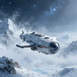 small spaceship on an icy mountain, blizzard, 8k, photorealistic, stellaris artstyle