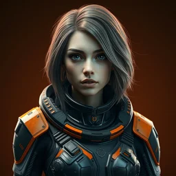 female character, space traveller, proportional figure, delicate features, alluring, cyberpunk armor, navigator gear, dark gray and orange, plated, dark orange background, poster style, ultra realistic, ultra detailed, volumetric light, unreal engine, 8 k.