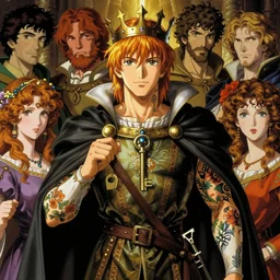 medieval old king, anime key visual, by annie swynnerton and tino rodriguez and charlie bowater and tom bagshaw and nicholas roerich and jean delville and evelyn de morgan and lucien freud, dramatic lighting, floral tattoos, rich colors, smooth sharp focus, extremely detailed, adolf wolfli