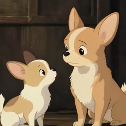 a key shot of chihuahua looking at chihuahua, animation at mid-day, medium shot, waist up, studio Ghibli, Pixar and Disney animation, sharp, key art by Greg Rutkowski, dramatic lighting, flat texture