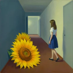 a painting of a girl walking in a hallway and suddenly finds a giant sunflower on the floor blocking her way, a highly detailed edward hopper painting, by adrian ghenie and gerhard richter. art by sorolla. masterpiece, flat surreal design with deep colours. 8 k. artstation