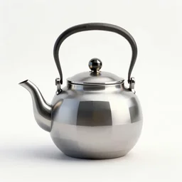 a real life, low poly design, metallic teapot on a white background