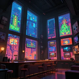 cozy room with very tall windows, bar, a lot of screens, many pictures on the walls, gameplay still frame, 4 colors, pixel art, futuristic, splash screen, level design, high contrast, background, deep focus, highly detailed, dramatic lighting, digital painting, artstation, concept art, matte, greg rutkowski.