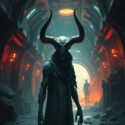 creepy figure with horns in futuristic gritty lair. grand sci - fi scene r / characterart