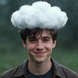 a character with a cloud on his head, raindrops instead of tears, disheveled thoughts, the subtle existence of reality in time, a beautiful face, a sweet smile kelly mckernan