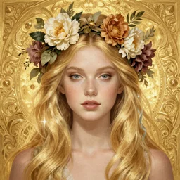 annasophia robb portrait, wearing a floral crown, long blond hair, shiny gold background, intricate, elegant, highly detailed, digital painting, artstation, concept art, smooth, sharp focus, illustration, artgerm, rutkowski, mucha