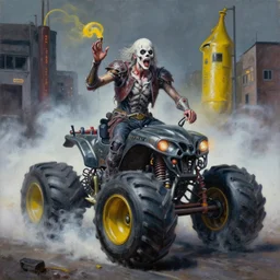fine art oil painting varied sick fantasy, 1 9 6 9, brutalist, monster drag race, mustard gas fog, by alex nino, walt peregoy, jack gaughan high resolution,