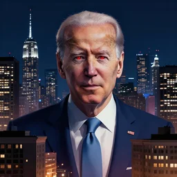 City in the night, Joe Biden is in the middle (crossfade) with red eyes, art station
