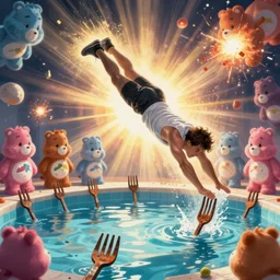 Bitcoin man diving into a pool of rusty forks, the world getting blown up by care bears as the background, digital art, NFT