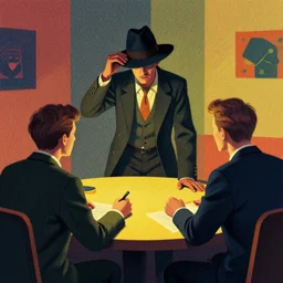 (((detective in a hat interogating a suspect at a table))),  colorful,bauhaus, Mads Berg, Karolis Strautniekas,small finely stippled light, dramatic lighting,fine texutre, editorial illustration, detailed, matte print, dynamic composition,moody, cinematic, film grain
