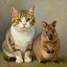 detailing portrait oil painting of cat and quokka in the style of grant wood, perfect lighting