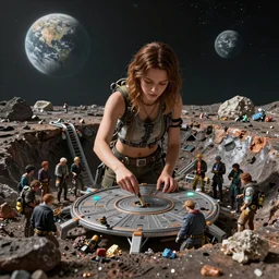 1 2 0 mm hyperdetailed shot of a gorgeous beautiful girl on ganymede constructing a landing pad inside a crater filled with minerals, planet in the sky by beeple, leesha hannigan, ross tran, craig mullins, ilya kuvshinov, krenz cushart, artgerm trending on artstation by edward hopper, dan mumford, wlop, rutkovsky, carl spitzweg, moebius, unreal engine 5, lumen, nanite