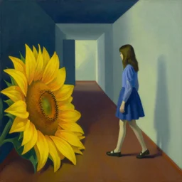 a painting of a girl walking in a hallway and suddenly finds a giant sunflower on the floor blocking her way, a highly detailed edward hopper painting, by adrian ghenie and gerhard richter. art by remedios varo. masterpiece, flat surreal design with deep colours. 8 k. artstation