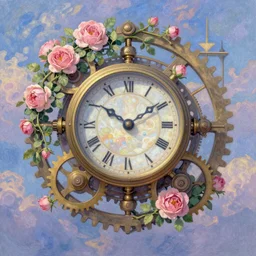 Mechanical gear,Rose twining,clock,prayer,out of time and space,dreamy, eternity, romantic, epic, artstation, highly detailed, in the style of Monet