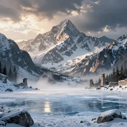 beautiful render of a winter landscape, unreal engine, first light, majestic mountains, frozen lake, snow, dramatic clouds, misty ruins, soft light, by greg rutkowski, cgsociety
