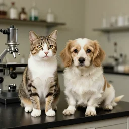A hybrid of a cat and a dog in a laboratory. 1940s photograph.