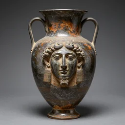 a beautiful, ancient, iron made greek amphora container, museum item, sculpted with the face of justin medeiros h 1 0 2 4