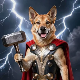 a canine thor holding thor's hammer with its paw, dramatic lightning background
