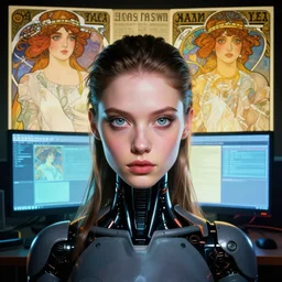 hyperrealist portrait of a pretty young female android with large intelligent eyes standing in front of a computer simulation by jeremy mann and alphonse mucha and alan lee, fantasy art, photo realistic, dynamic lighting, artstation, poster, volumetric lighting, very detailed faces, award winning, full face, symmetry