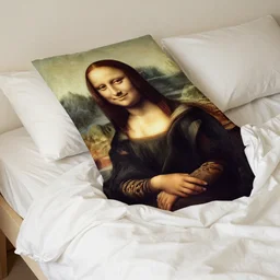 woman with the face of monalisa lying on bed, by leonardo da vinci , large comfy bed , comfy bed sheets