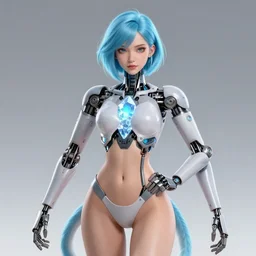 Tall sweet woman with an athletic build. She is a bio-machine. There is a crystal in her chest that can be removed. She lost her arms in a fight and now has to use cybernetic ones that attach at the shoulder. Her face and eyes are sharp but kind. Facial features fit her face. Small ears. She has a tail that she wraps around her waist at times. Her hair is in a slightly messy bob and colored light blue. Digital character design art trending on artstation.