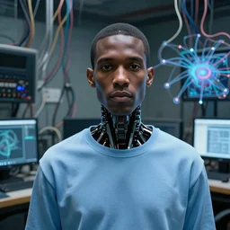 zoomed out, a dark male android in light blue clothes, in a room crowded with wires and computers and neural networks, realistic face, zoomed out, sci - fi, ai, 4 k realistic, artem demura. alphonse mucha. wires!