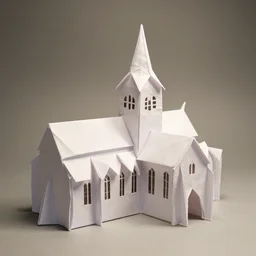 an origami cathedral, made of paper, photorealistic, hd