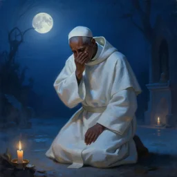 oil painting portrait of a crying sad weeping sobbing tonsured dominican monk in a white habit, kneeling in a blue cold moonlit empty small chapel at night, hazy, digital art, chiaroscuro, artstation, cinematic, moonlight, digital art painting by greg rutkowski, hazy atmosphere, candles, cinematic blue lighting
