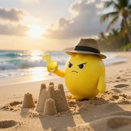 a 5 0 mm pentax k photograph, of a fictional anthropomorphic lemon character, serious look, it has lemon skin texture, it's wearing fedora and holding a glass of lemon, building a sandcastle on the beach, at sunset, beach, huge waves, bright sun, turbid clouds, tropical trees, rim light, sand, volumetric lightening