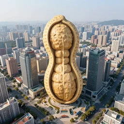 aerial photo of a city with its architecture inspired by peanuts and human anatomy, 4k