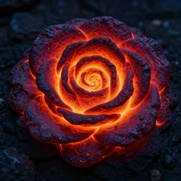 award - winning macro of a beautiful magma rose made of glowing molten lava, inner glow, magma texture
