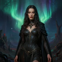 priestess of the damned, bella hadid, 8 k resolution, concept art, detailed matte painting, eldritch, unreal engine, gustave dore, detailed painting, maximalist, 4 k, 8 k resolution, 3 d shading, rendered in blender, astral aurora, hyperdetailed, intricate, polished