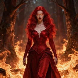 pyromancer in a burning forest, scarlet dress, red hair, glowing!!!! eyes, high fantasy, epic, dnd,, highly detailed by artgerm, wlop, michael cheval, peter mohrbacher, boris vallejo, jessica rossier, ultra realistic, wide angle, intricate details, mass effect