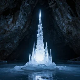 a dark ice cave with a glowing ice spike in the center, surreal,