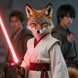beautiful portrait of a female anthropomorphic coyote fursona wearing jedi robes. red lightsaber. character design by charlie bowater, ross tran, artgerm, and makoto shinkai, detailed, soft lighting, rendered in octane
