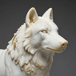 a white marble statue of a wolf's head with gold filigree