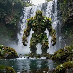 overgrown humanoid creature in beautiful nature with waterfall flowing over it, octane, redshift, photorealism, hyperdetailed, overgrown, small lake with reflections