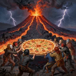 a group of strange masked people struggling and grabbing for a very large pizza, in front of a volcano spewing lava and black smoke, from below, streams of glowing hot lava, flashes of lightning in the distance, wide shot, long shot, an ultrafine detailed painting by joe fenton, deviantart, pop surrealism, whimsical
